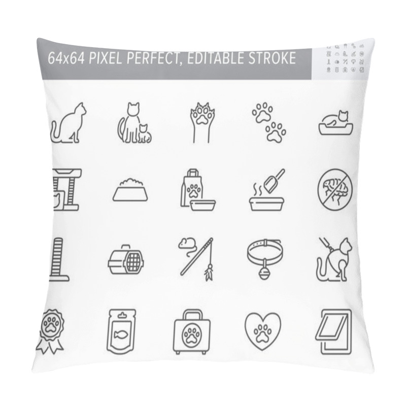 Personality  Cat Stuff Line Icons. Vector Illustration Include Icon - Litter Box, Carrier, Scratching Post, Bed, House, Kitten, Toy, Meal Outline Pictogram For Pet Equip. 64x64 Pixel Perfect, Editable Stroke Pillow Covers