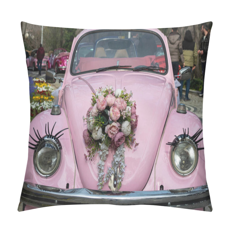 Personality  Pink Classic Convertible Car And Flowers On Hood  Pillow Covers