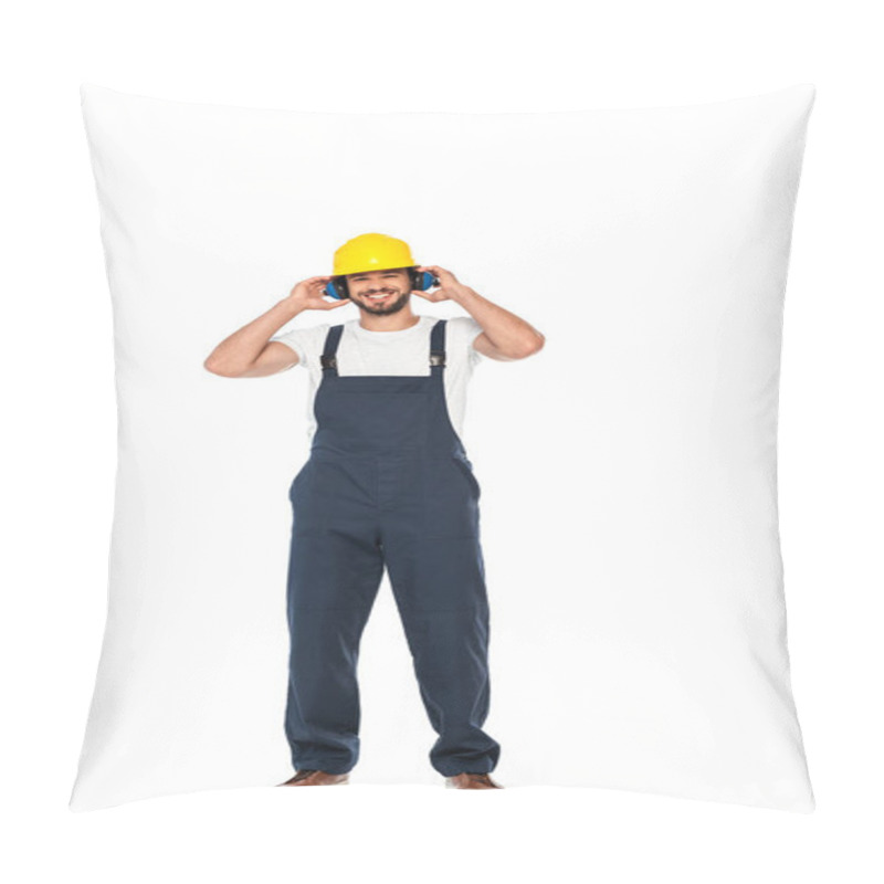 Personality  Smiling Workman In Hardhat And Ear Defenders Looking At Camera On White Background Pillow Covers