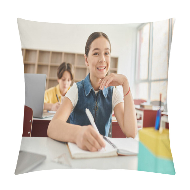 Personality  A Young Girl Sits At A Desk, Deeply Engrossed In Her Notebook Pillow Covers