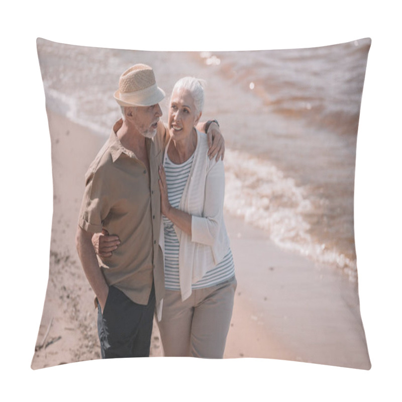 Personality  Senior Couple Walking On Beach  Pillow Covers