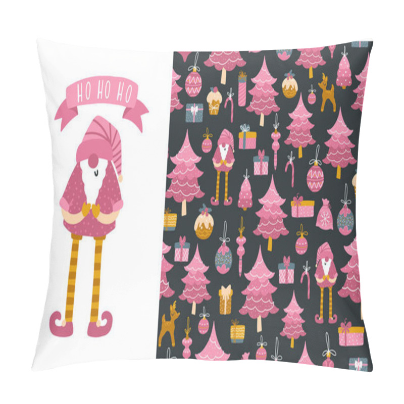 Personality  Santa Toy, Christmas Tree And Gift Boxes. Set Of Vector Seamless Patterns And Illustrations. Childish Hand-drawn Scandinavian Style. A Limited Pink Palette On A Dark Background Is Perfect For Print Pillow Covers