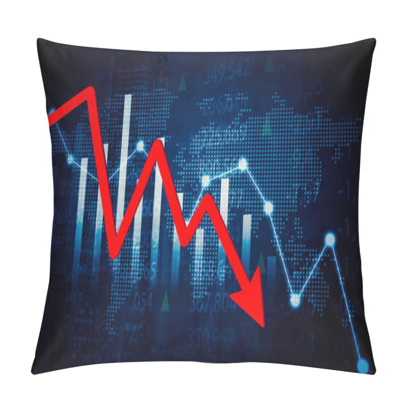 Personality  Red Declining Finance Arrow With World Map Background In The Cyberspace Pillow Covers