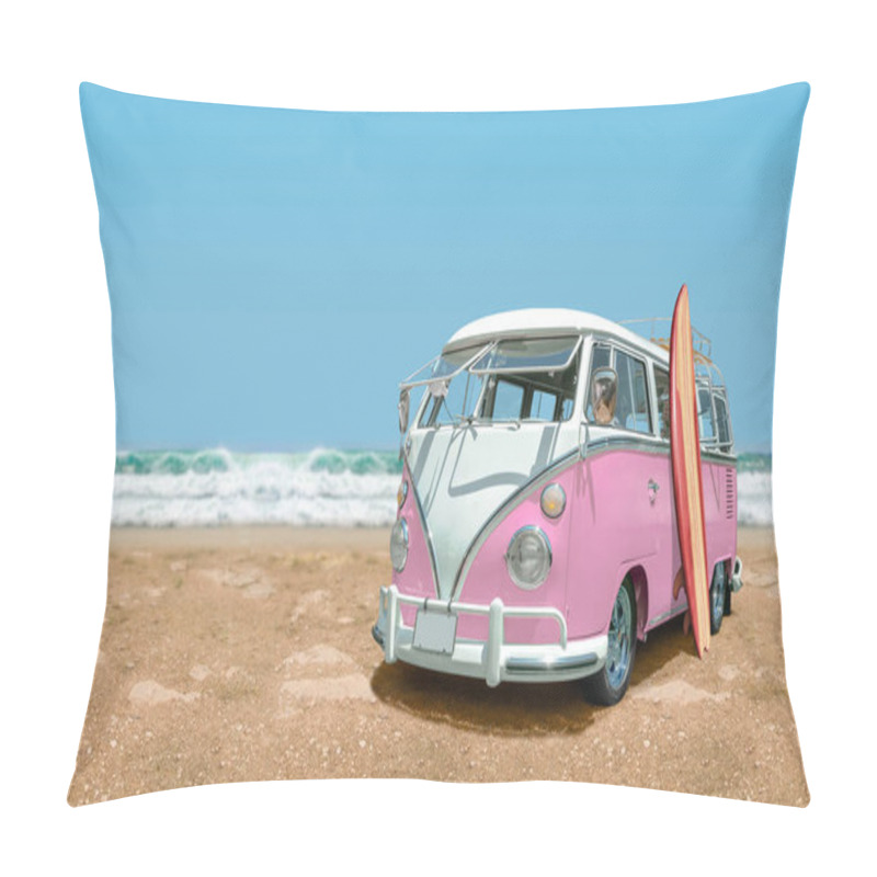 Personality  Calssic Minivan With Surfboard At The Beach With Sea And Blue Sky In The Background, 3D Composite Image. Pillow Covers