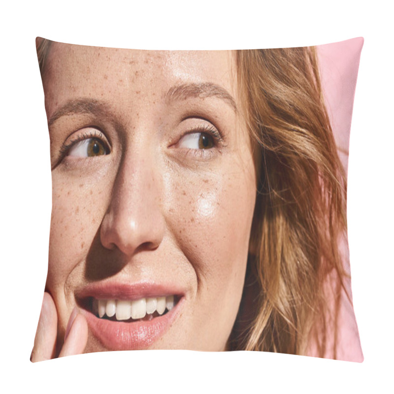 Personality  A Detailed View Of A Womans Face Displaying Her Natural Freckles, Radiating Beauty And Confidence. Pillow Covers