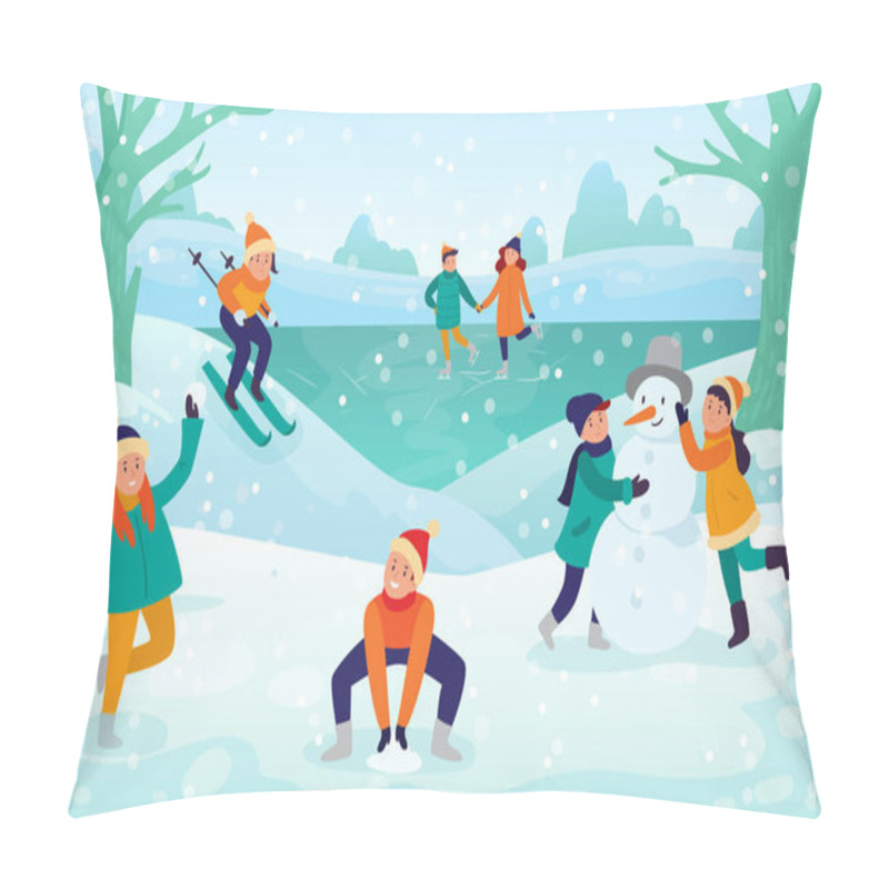 Personality  Winter Kids Activities Snow Fight And Ski. Vector Winter Activity Fight Season, Snow Outdoor Fun Illustration, Make Snowman Pillow Covers