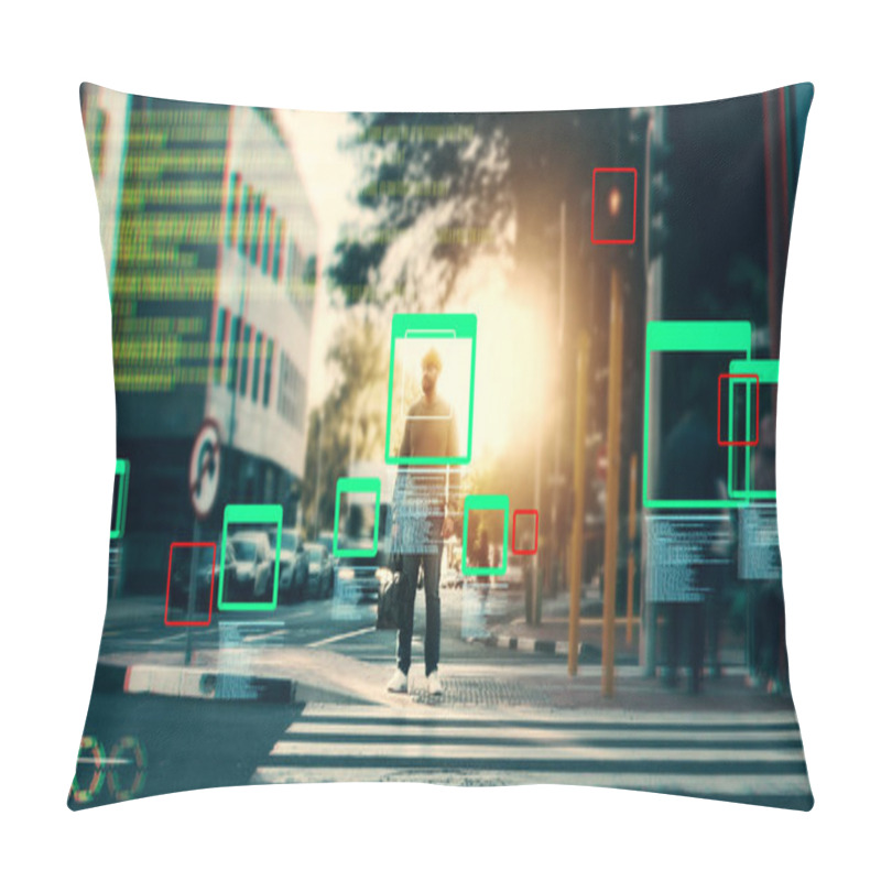 Personality  Face Recognition, Man In Street And Identity With Biometric, Surveillance And Code For Technology Innovation In City. Network, Security And Future, Ai Overlay With Info And Frame, Privacy And UI. Pillow Covers