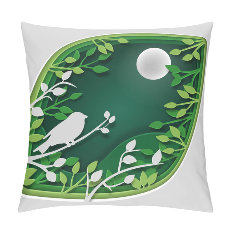 Personality  Paper Art Carve To Bird On Tree Branch In Forest At Night Vector Art And Illustration. Pillow Covers