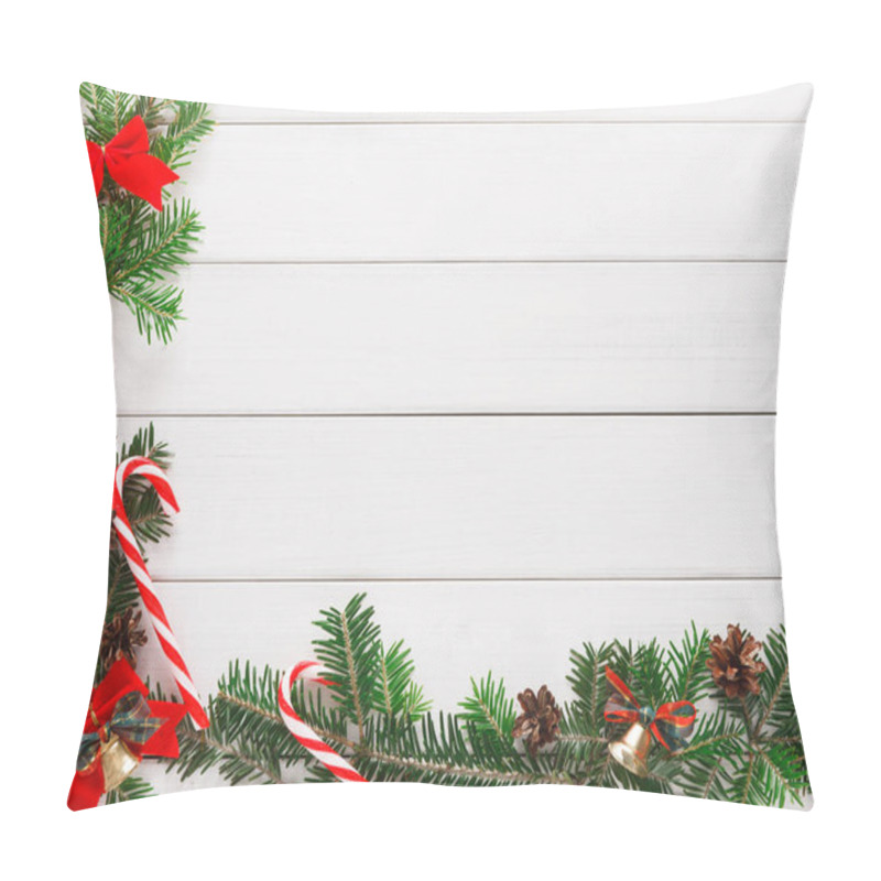 Personality  Christmas Background With Candies And Fir Tree Border On Wood Pillow Covers