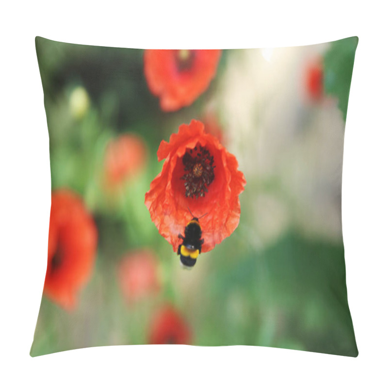 Personality  Little Bee And Red Poppy Flower With Blurred Green Background On A Hot Sunny Summer Day Pillow Covers