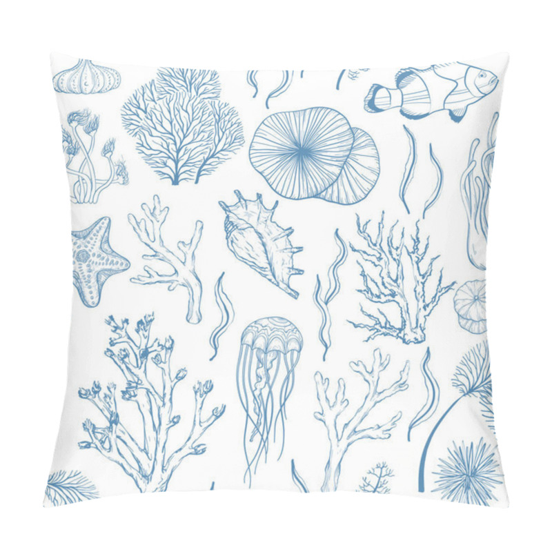 Personality  Seamless Monochrome Blue Attern With Marine Hand Drawn Corals And Marine Life. Pillow Covers