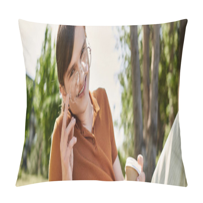 Personality  A Non Binary Individual Relaxes In An Office, Sipping Coffee And Smiling, Exuding Creativity. Pillow Covers