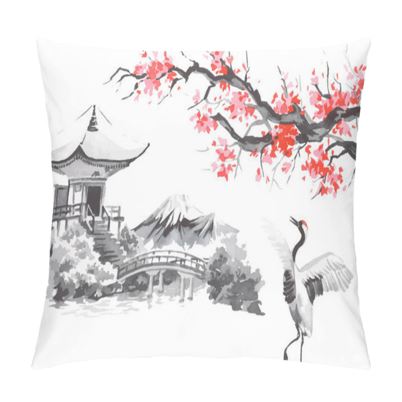 Personality  Japan Traditional Sumi-e Painting. Fuji Mountain, Sakura, Sunset. Japan Sun. Indian Ink Vector Illustration. Japanese Picture. Pillow Covers