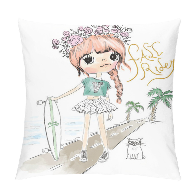 Personality  Girl With Skate And Cat Pillow Covers