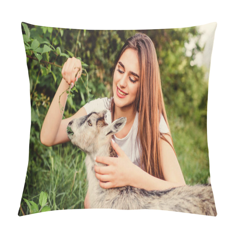 Personality  Woman And Small Goat Green Grass. Eco Farm. Love And Care. Animals Law. Farm And Farming Concept. Village Animals. Girl Play Cute Goat. Feeding Animal. Protect Animals. Veterinarian Occupation Pillow Covers