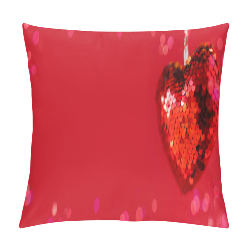 Personality  Hanging Red Sequins Valentine Heart On Red Background. Pillow Covers