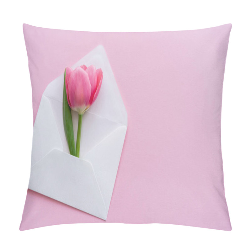 Personality  Top View Of Blooming Tulip In White Envelope On Pink, Mothers Day Concept  Pillow Covers