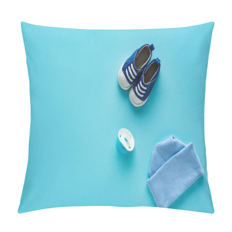 Personality  Top View Of Baby Booties With Hat And Pacifier On Blue Background, Concept Of Mothers Day  Pillow Covers