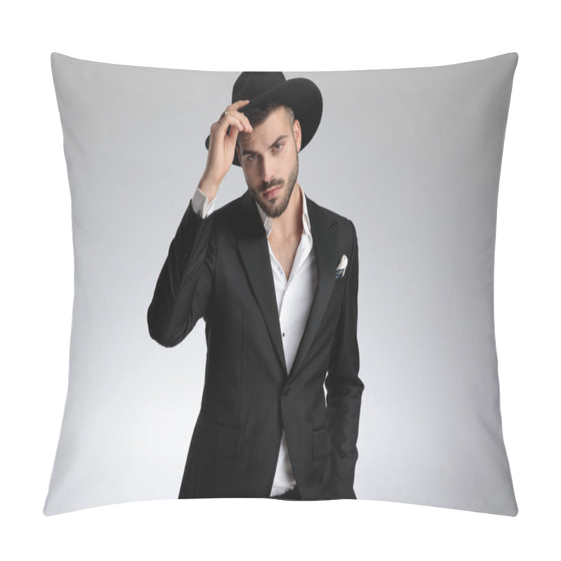 Personality  Elegant Young Model Holding Hat And Saluting On Grey Background Pillow Covers