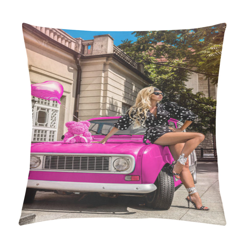 Personality  Polka Dots Fashion. Beautiful Blonde Young Woman Near The Car . Spring And Summer Fashion Model Concept. Rose Bear. Wedding Gift. Pillow Covers