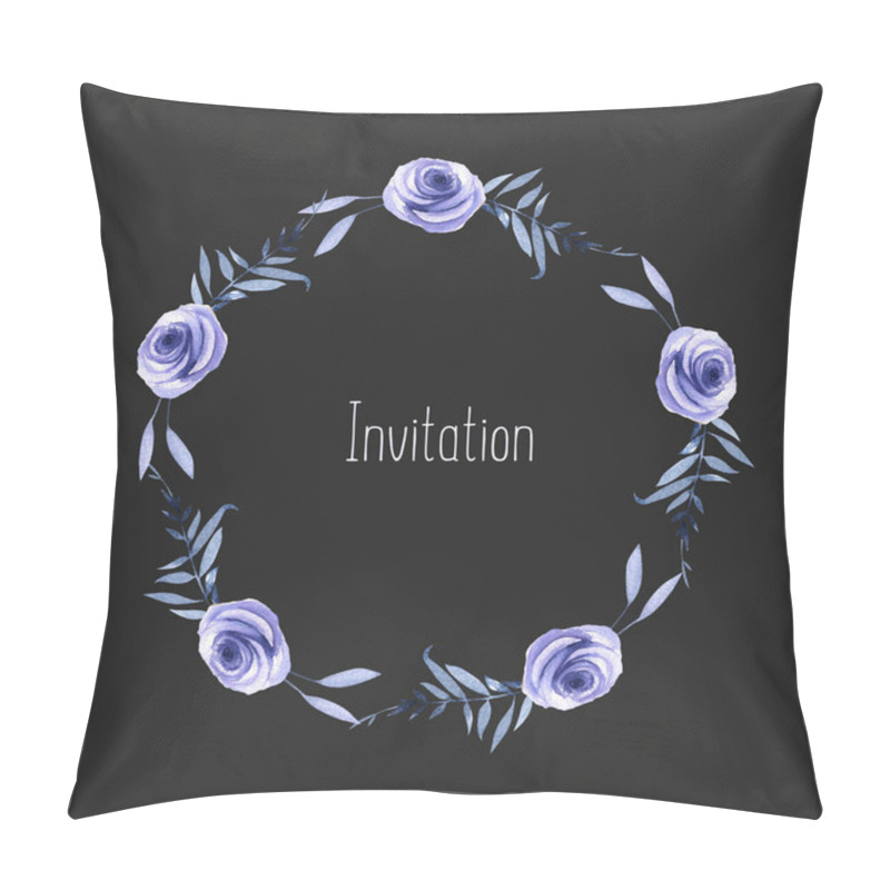 Personality  Watercolor Blue Roses And Leaves Wreath, Greeting Card Template, Hand Painted On A Dark Background, Invitation Card Design Pillow Covers