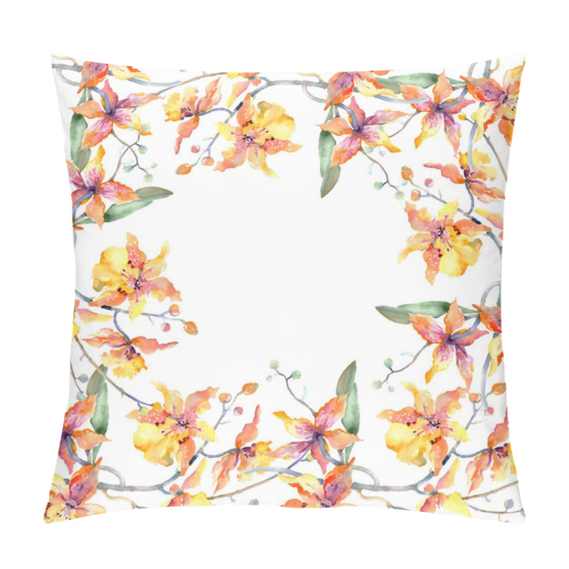 Personality  Branch Of Yellow Orchid. Floral Botanical Flowers. Wild Spring Leaf Wildflower Isolated. Watercolor Background Illustration Set. Watercolour Drawing Fashion Aquarelle. Frame Border Ornament Square. Pillow Covers