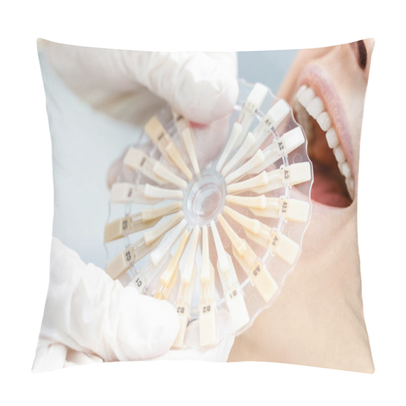 Personality  Dentist Comparing Teeth Of Patient With Samples Pillow Covers