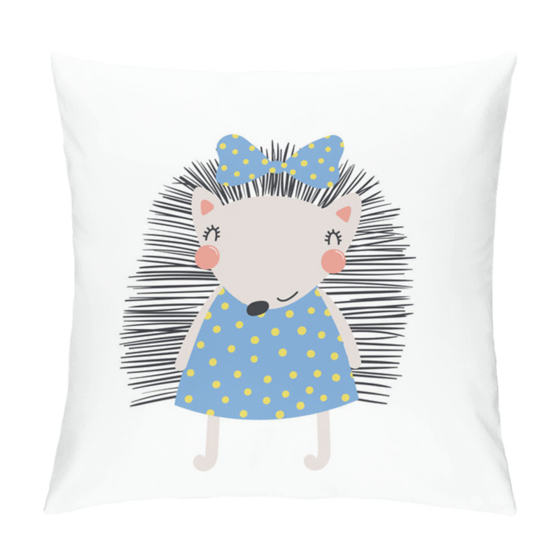 Personality  Hand Drawn Cute Funny Hedgehog Girl In Dress, With Ribbon Isolated On White Background Pillow Covers