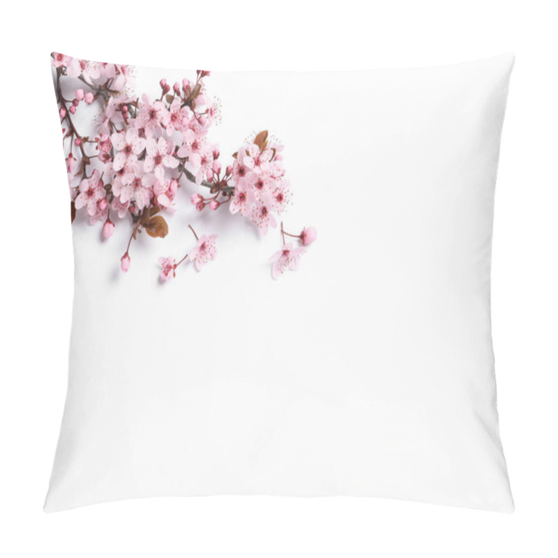 Personality  Blossoming Spring Tree Branch On White Background, Top View. Space For Text Pillow Covers