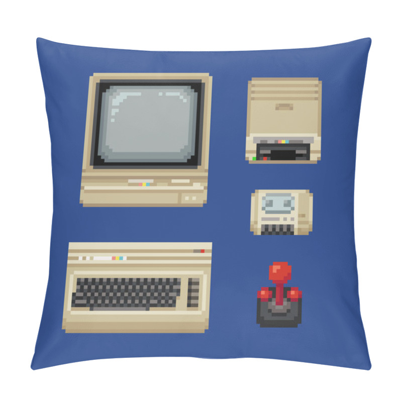 Personality  Retro Computer Pixel Art Style Icons Set. Stickers Old School Design. Video Game 64 Bit Sprite. Retro Computer, Floppy, Disk Cassette, Joystick Isolated Abstract Vector Illustration. Retro 80s Game Pillow Covers