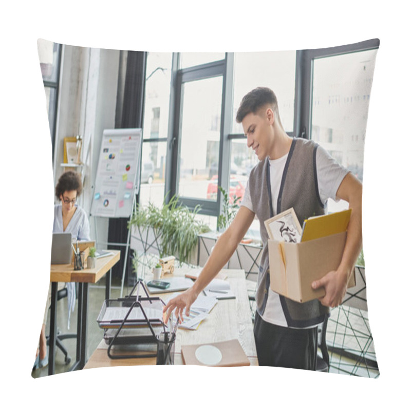 Personality  Young Elegant Man Packing His Items During Lay Off, Colleagues On Backdrop. Pillow Covers