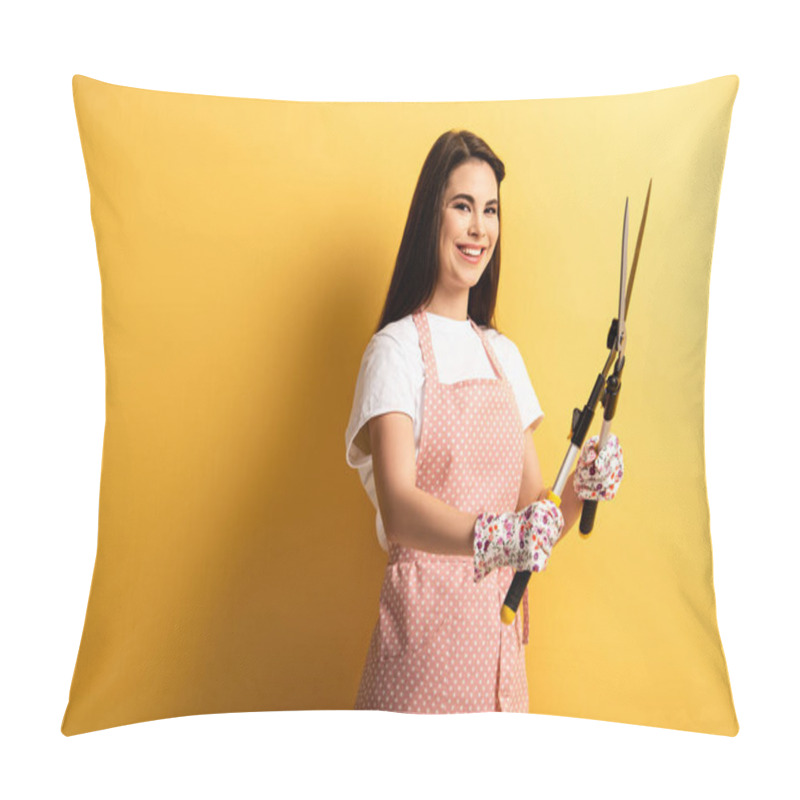 Personality  Happy Girl In Apron And Textile Gloves Holding Gardening Scissors On Yellow Background Pillow Covers