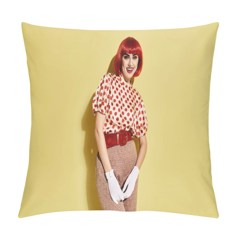 Personality  A Redhead Woman With Pop Art Makeup And Polka Dot Blouse Wearing White Gloves On A Vibrant Yellow Background. Pillow Covers