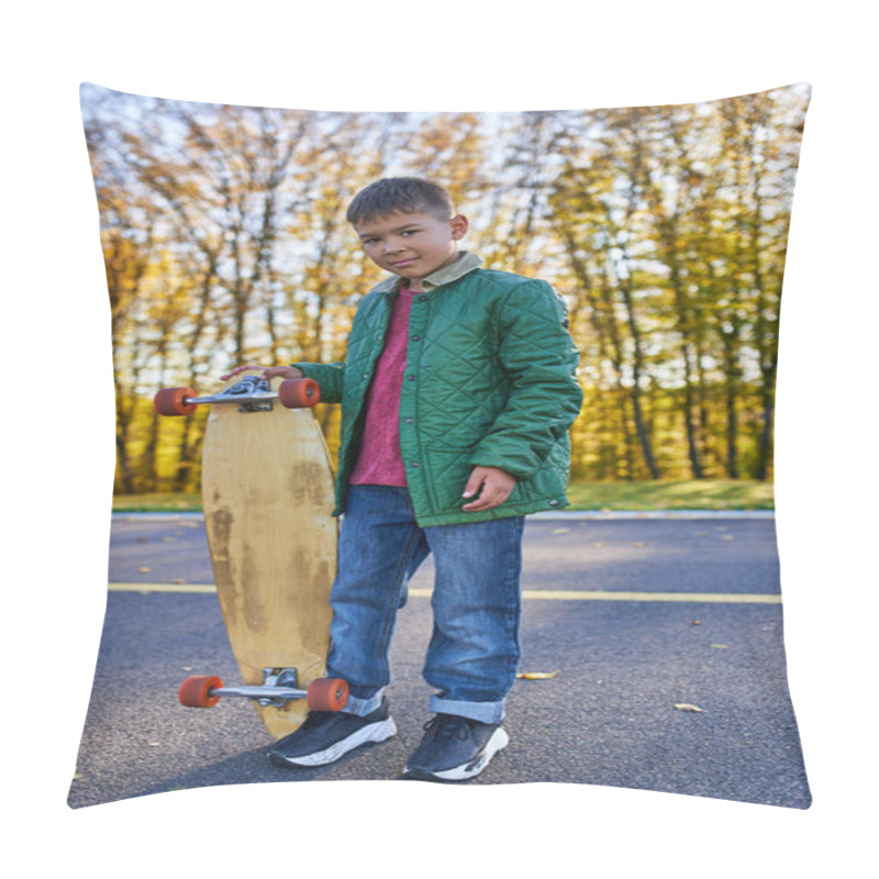 Personality  Full Length, Cute African American Boy In Outerwear Holding Penny Board, Autumn Park, Fall Season Pillow Covers