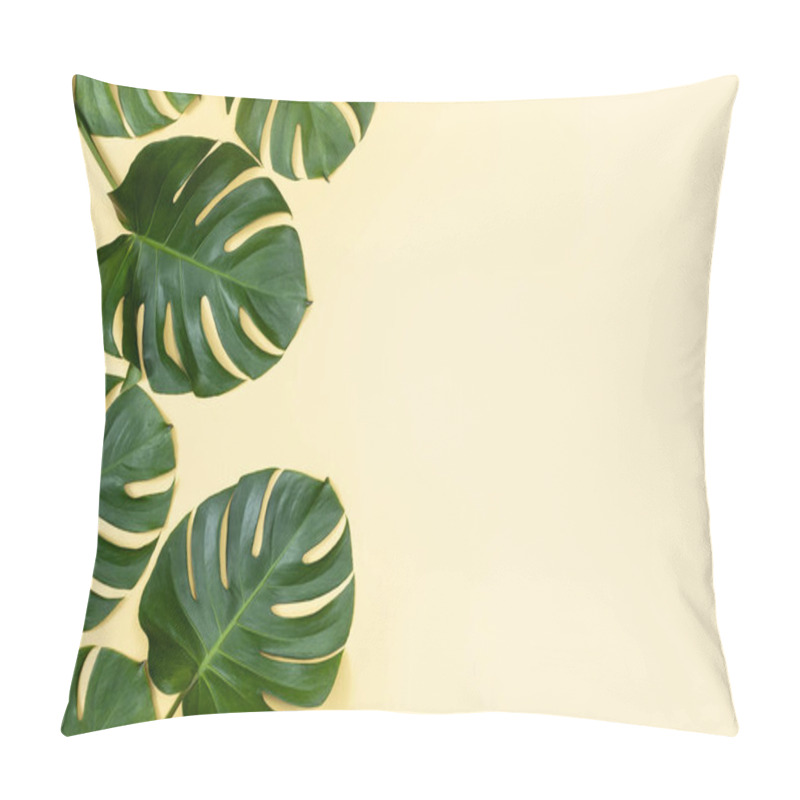 Personality  Beautiful Tropical Palm Monstera Leaves Branch Isolated On Bright Yellow Background, Top View, Flat Lay, Overhead Above Summer Beauty Blank Design Concept. Pillow Covers