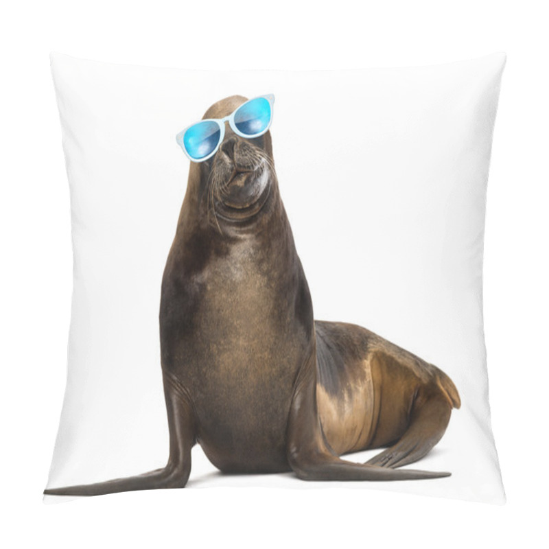 Personality  California Sea Lion, 17 Years Old, Wearing Sunglasses Against White Background Pillow Covers