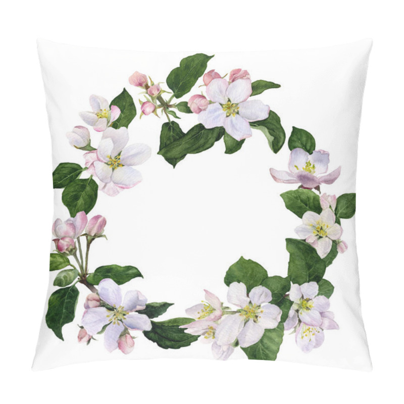 Personality  Frame Of Apple Flowers And Buds With Green Leaves Hand Painted In Watercolor Isolated On The White Background Pillow Covers