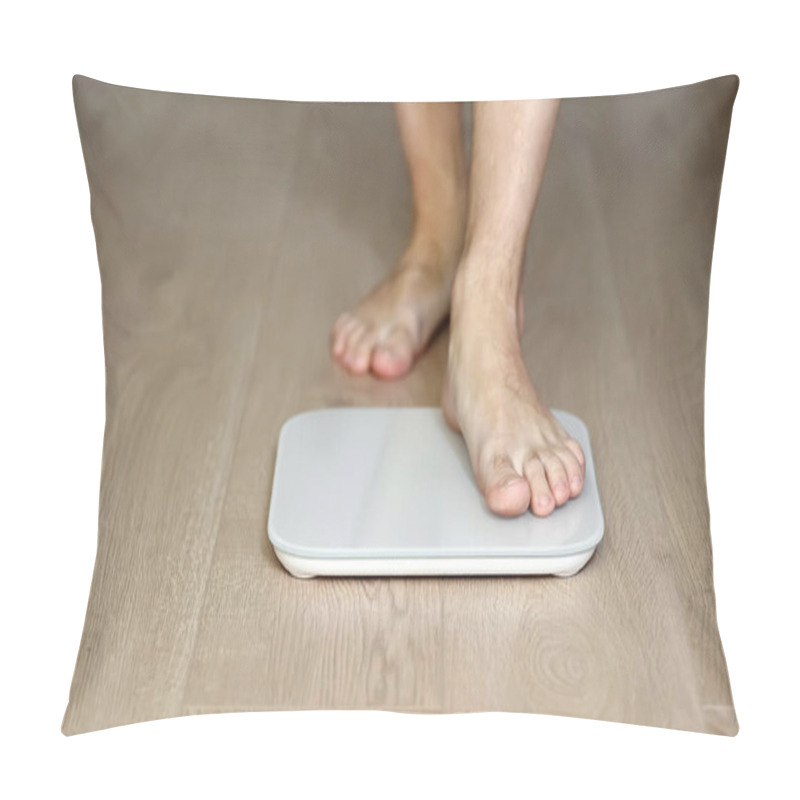 Personality  Man Walking On Scales Measure Weight. Male Wal Checking BMI Weight Loss. Human Barefoot Measuring Body Fat Overweight. Guy Legs Step On Bathroom Scale. Pillow Covers