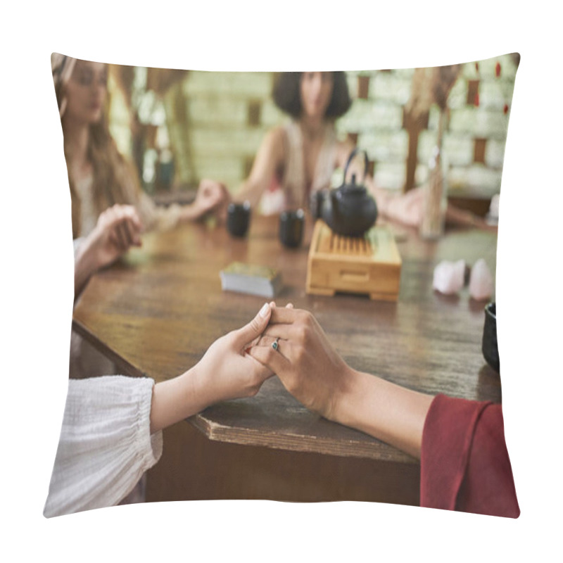 Personality  Cropped View Of Multiethnic Girlfriends Holding Hands While Meditating In Retreat Center Pillow Covers