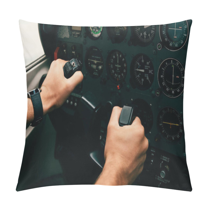 Personality  Partial View Of Pilot In Wristwatch Holding Helm In Plane Pillow Covers