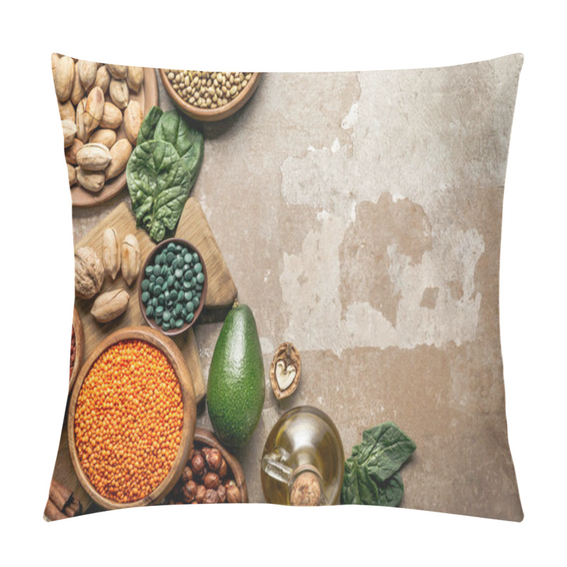 Personality  Top View Of Superfoods, Legumes, Olive Oil And Healthy Ingredients On Rustic Background With Copy Space Pillow Covers