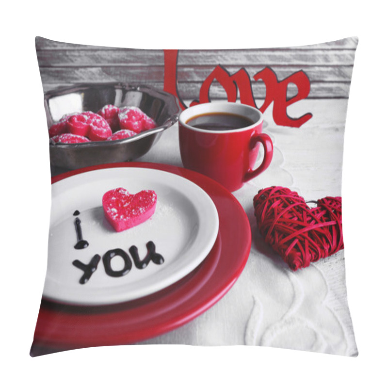 Personality  Cookie In Form Of Heart On Plate With Inscription I Love You On Color Wooden Table Background Pillow Covers