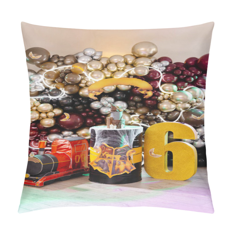 Personality  Colorful Balloons, A Cardboard Train, And Magical Symbols Create A Whimsical Atmosphere For A Sixth Birthday Celebration Pillow Covers