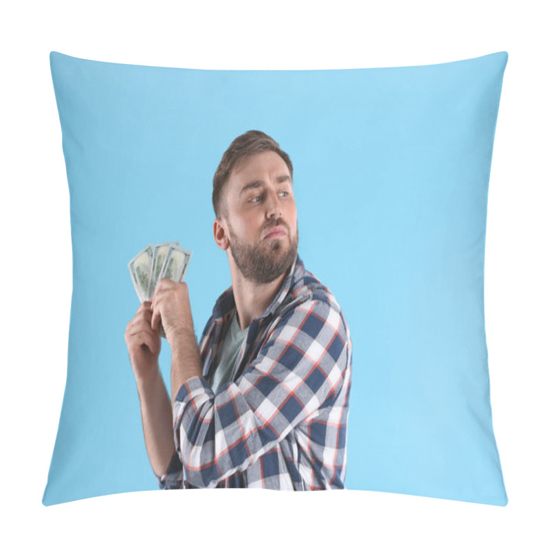 Personality  Greedy Young Man Hiding Money On Light Blue Background Pillow Covers