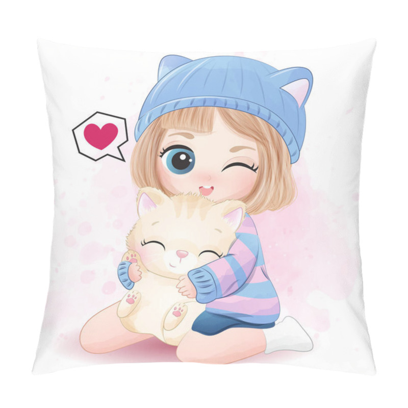 Personality  Cute Girl Hugging Little Kitty Illustration Pillow Covers