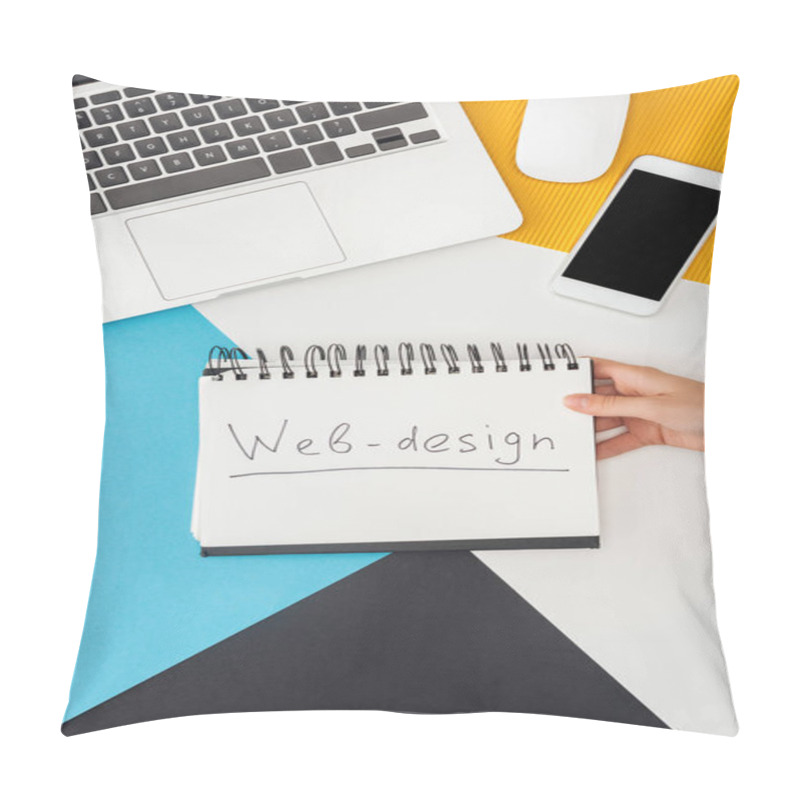 Personality  Cropped View Of Woman Holding Notebook With Web Design Lettering Near Laptop, Smartphone, Computer Mouse On Abstract Geometric Background Pillow Covers