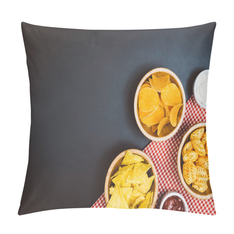 Personality  Potato Chips And Snacks On Black Slate Table, Top View Pillow Covers