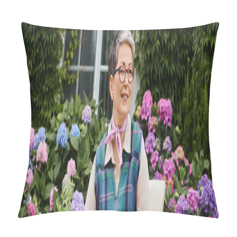 Personality  Beautiful Jolly Mature Woman Sitting In Garden With Vibrant Hydrangea On Backdrop And Looking Away Pillow Covers