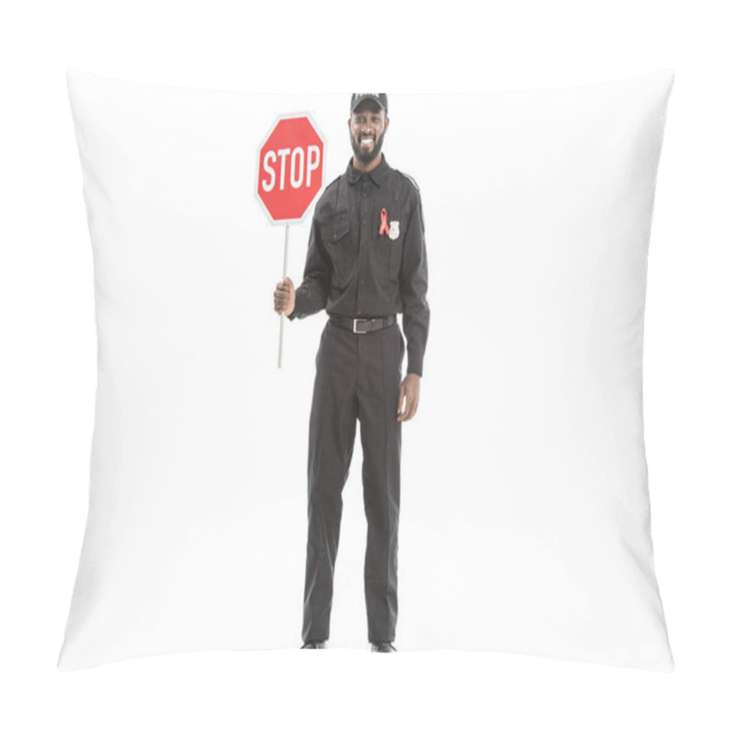 Personality  Happy African American Police Officer With Aids Awareness Red Ribbon And Stop Road Sign Isolated On White Pillow Covers