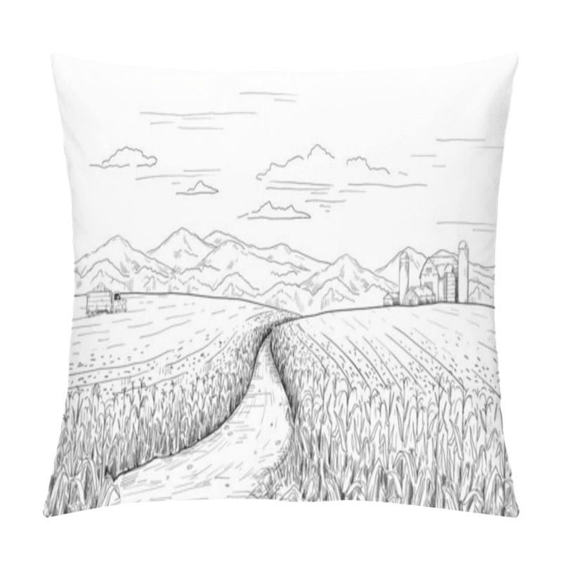 Personality  Hand Drawn Field Landscape. Corn Farm Sketch With Rural House And Silos. Pencil Drawing Of Agriculture Area Panorama. Truck With Maize Harvest. Vector Summer And Autumn Engraving Scene Pillow Covers